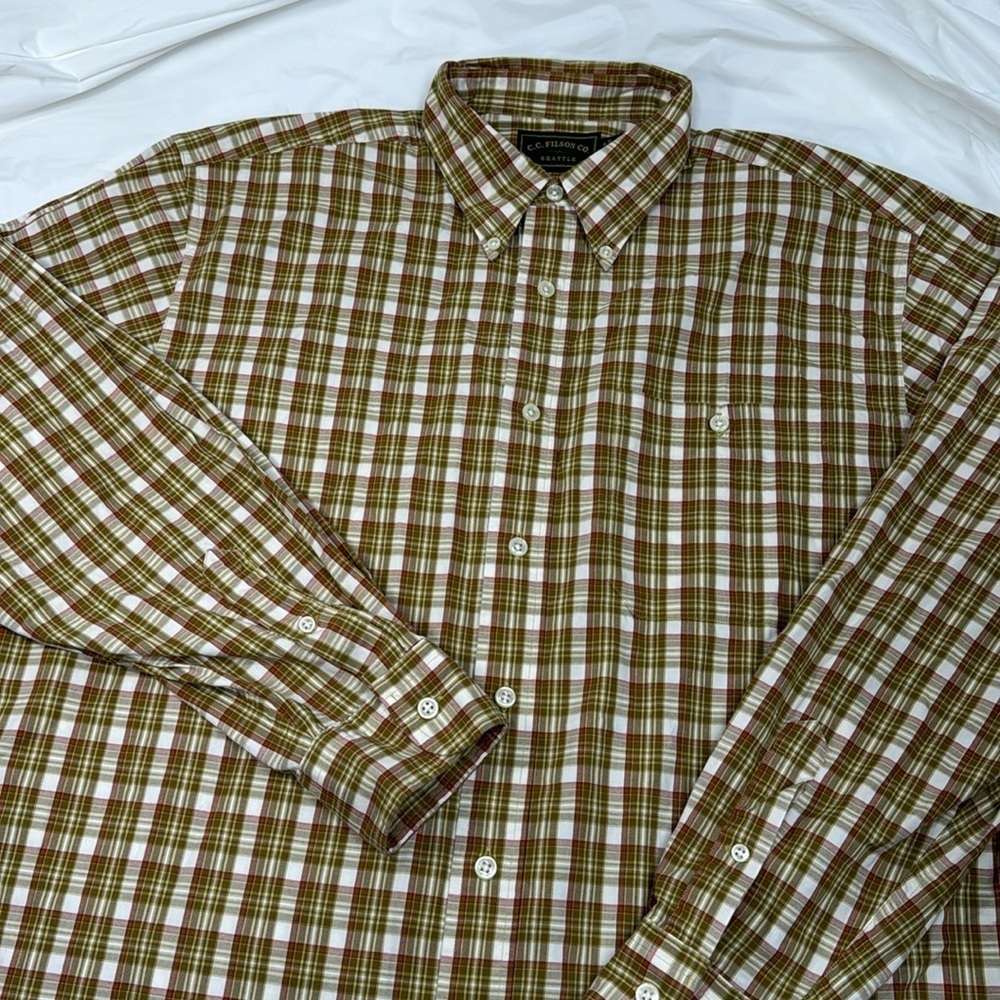 CC Filson Co Dark Khaki Red Yellow Plaid Long Sleeve Button Shirt Size Large